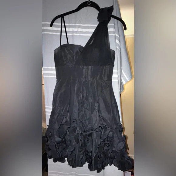 bcbg black one shoulder dress High Draped Slit Gown